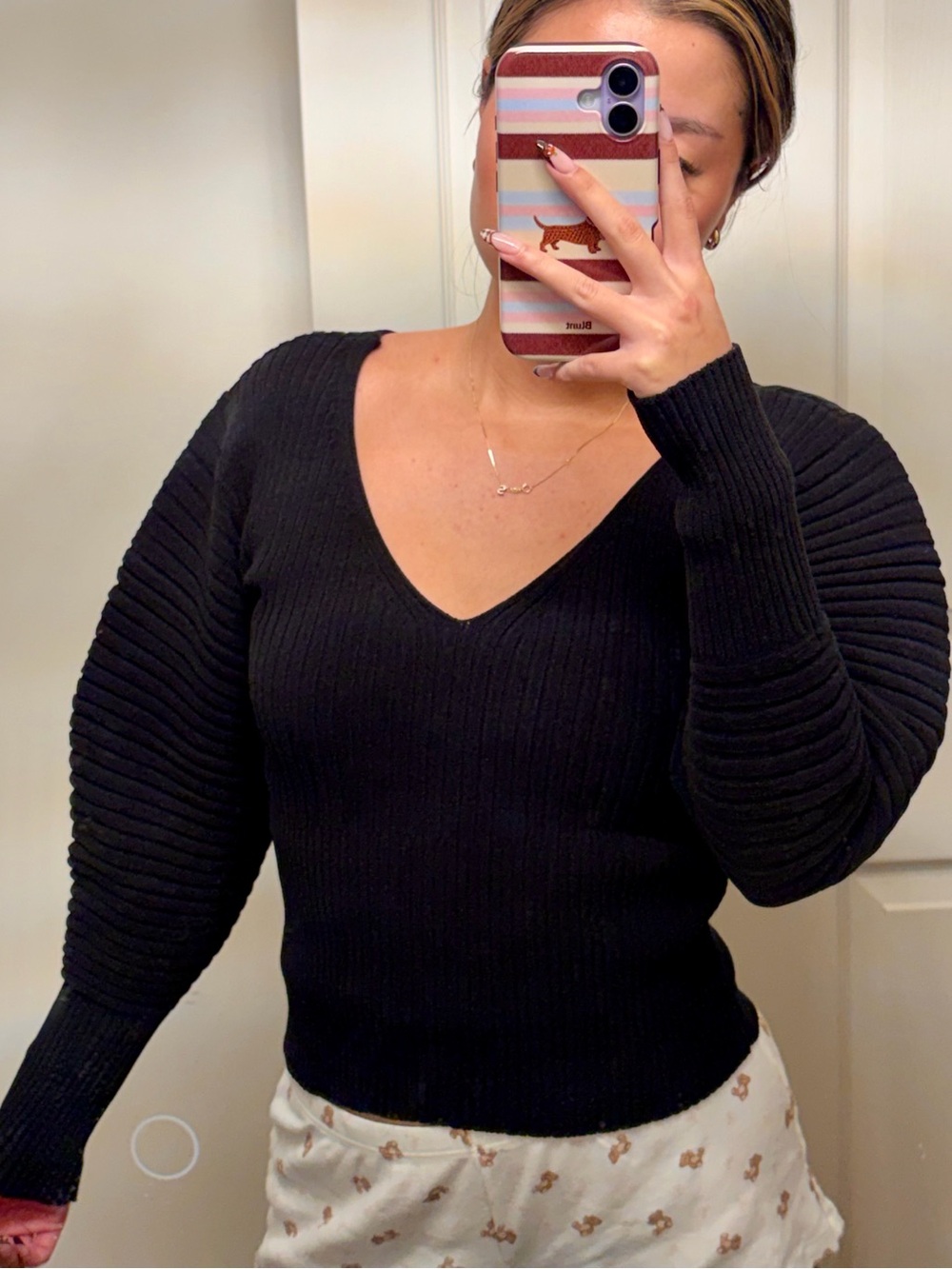 Express Ribbed V-Neck Long Puff Sleeve Sweater in XS (runs like a small-medium)
